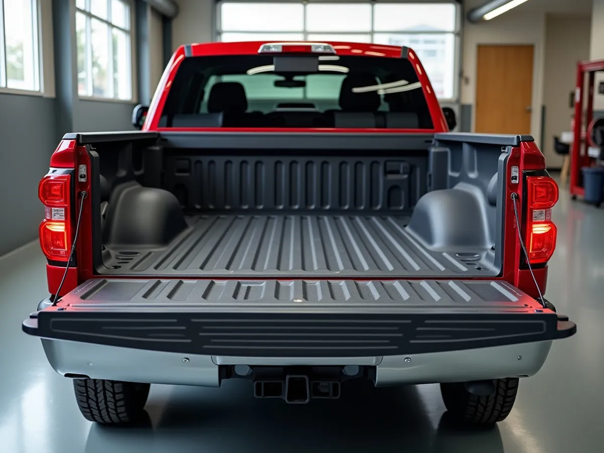 A pickup truck bed with a finished bed liner installed in a tidy shop bay