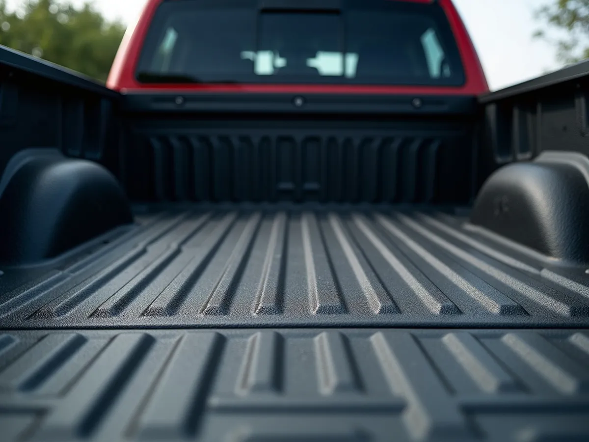 Close-up of the textured surface of a spray-in bed liner coating inside a pickup bed