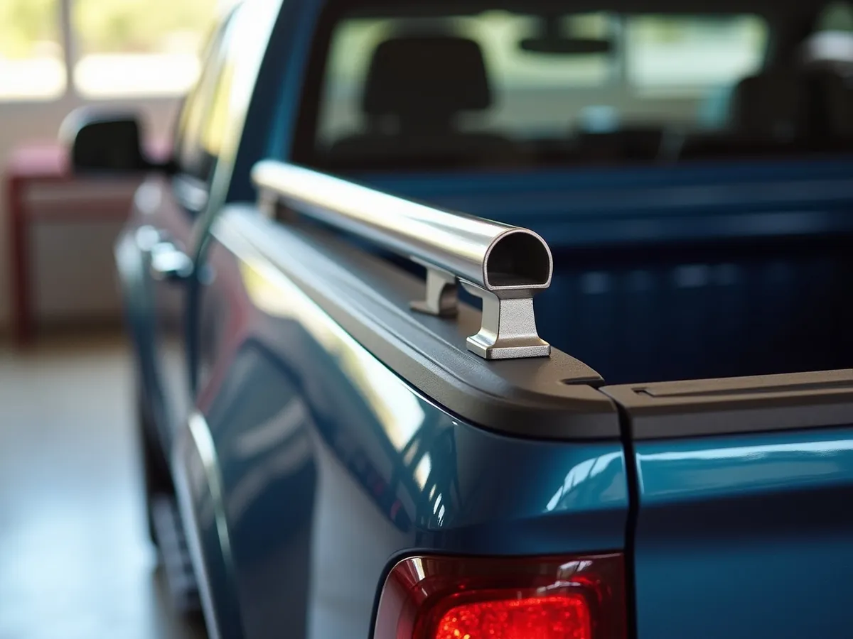 An adjustable aluminum bed rail track clamped to a pickup bed side