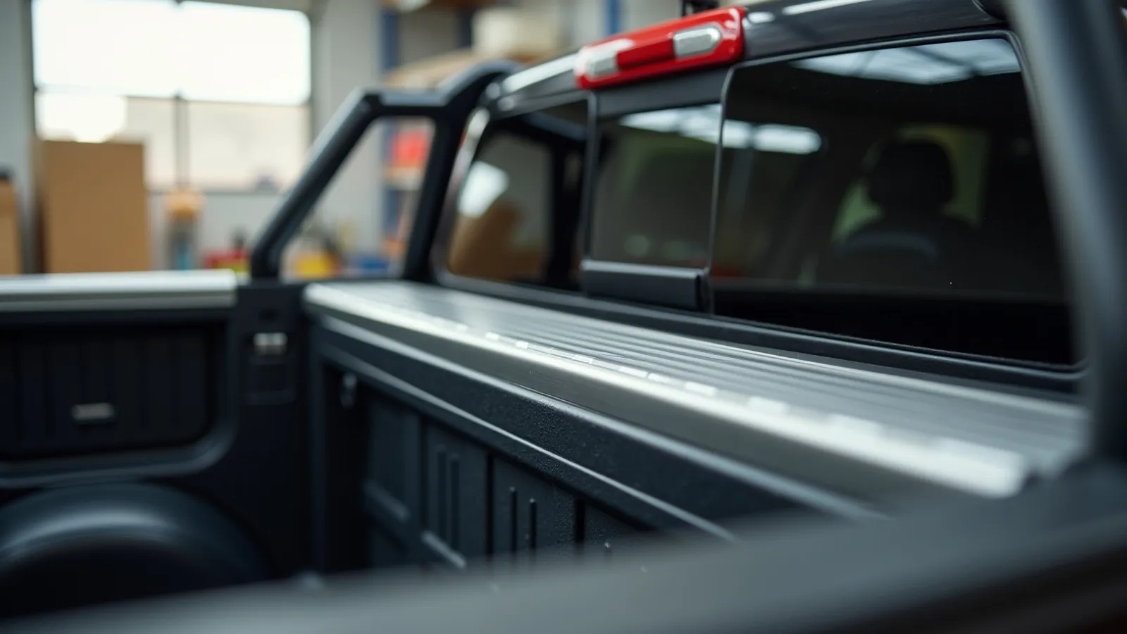 Aluminum bed rails mounted along the top of a pickup truck bed