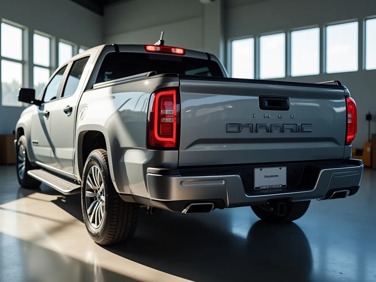 A pickup truck with bed rails fitted in a clean shop bay