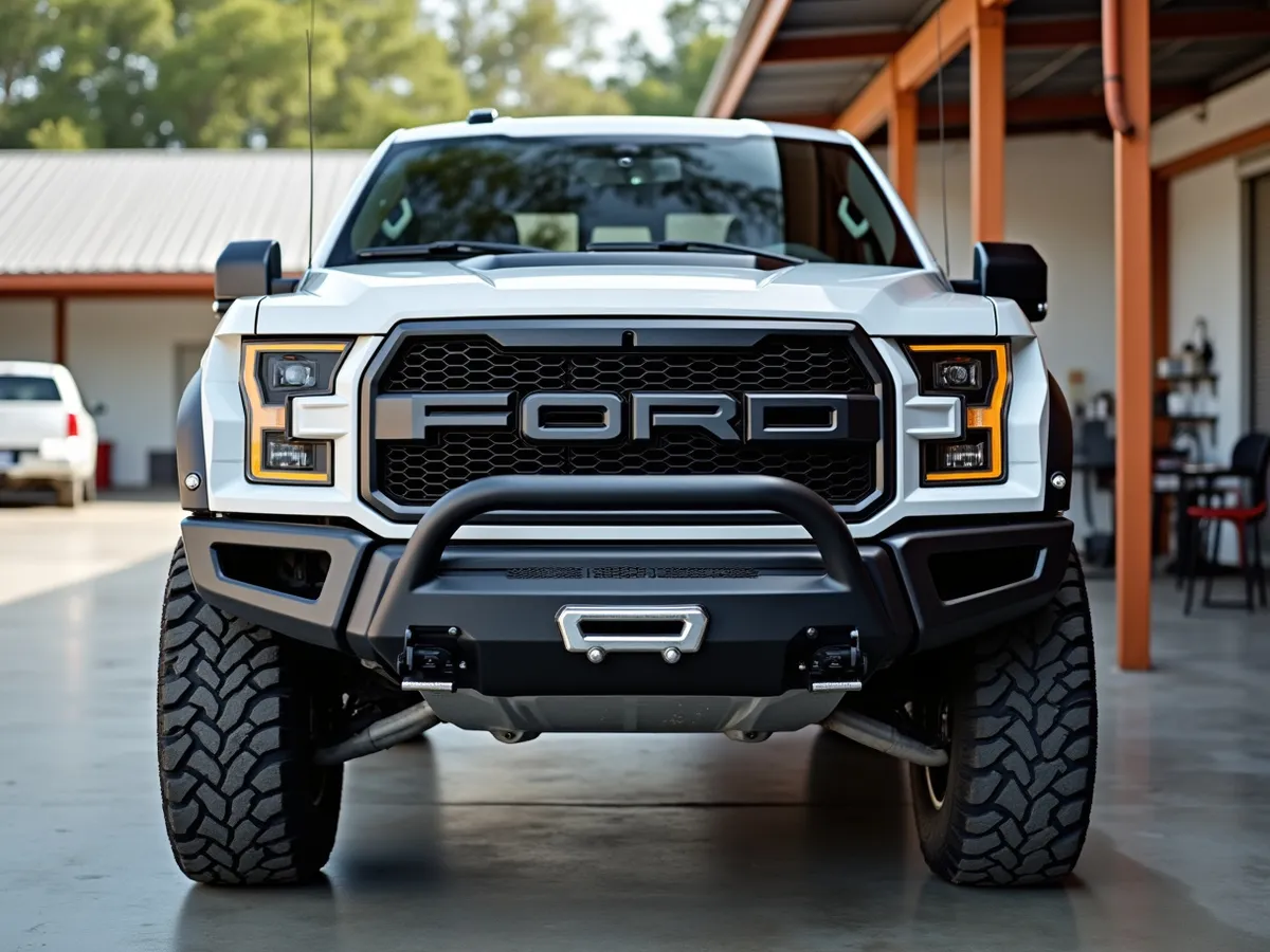 A center bull bar bolted to the front of a pickup truck bumper