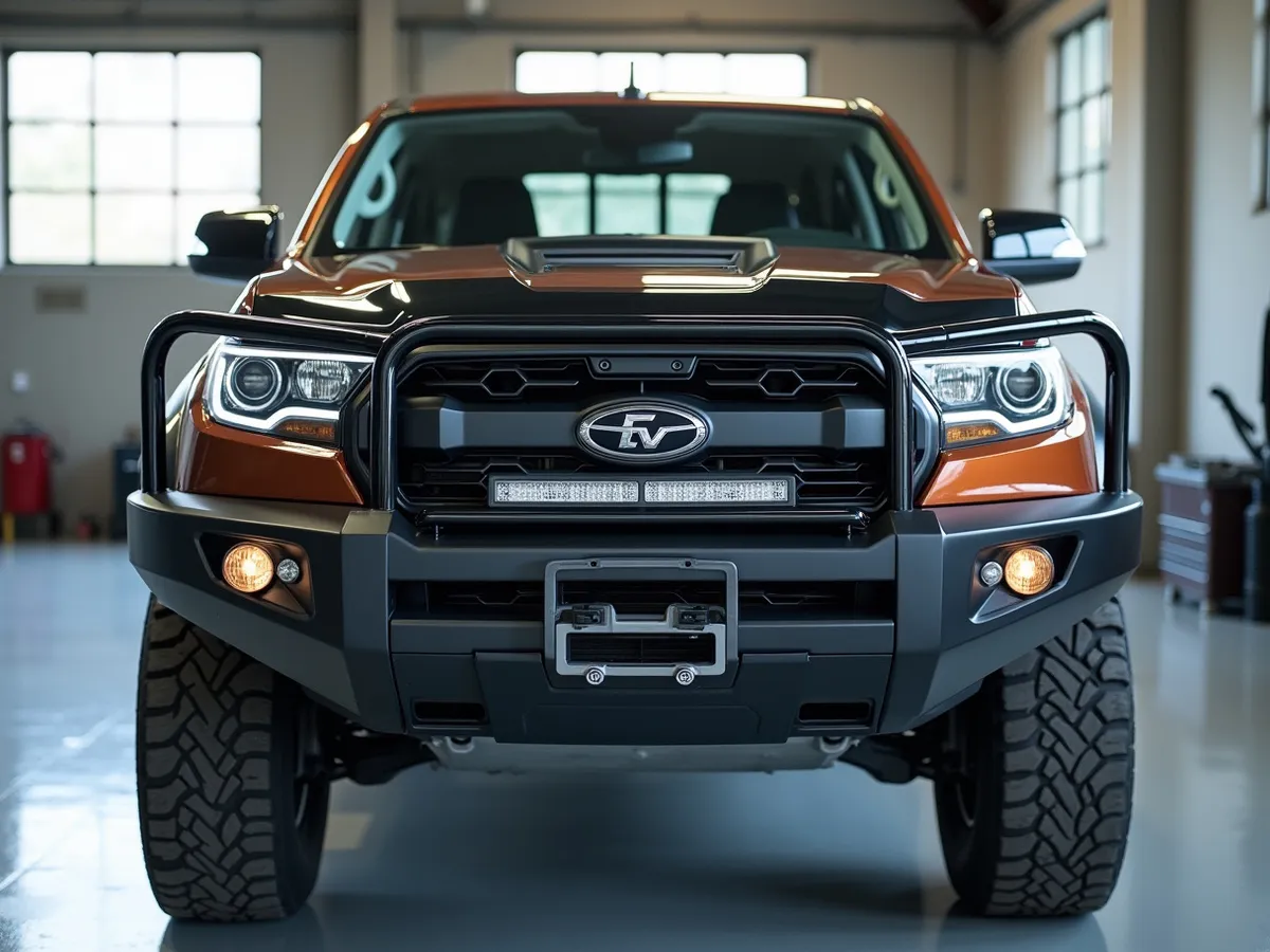 A pickup truck with a bull bar fitted in a clean shop bay