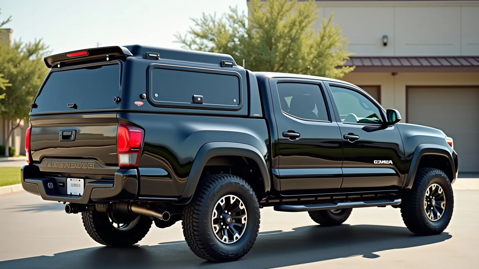 A fibreglass camper shell canopy mounted on the bed of a modern pickup truck