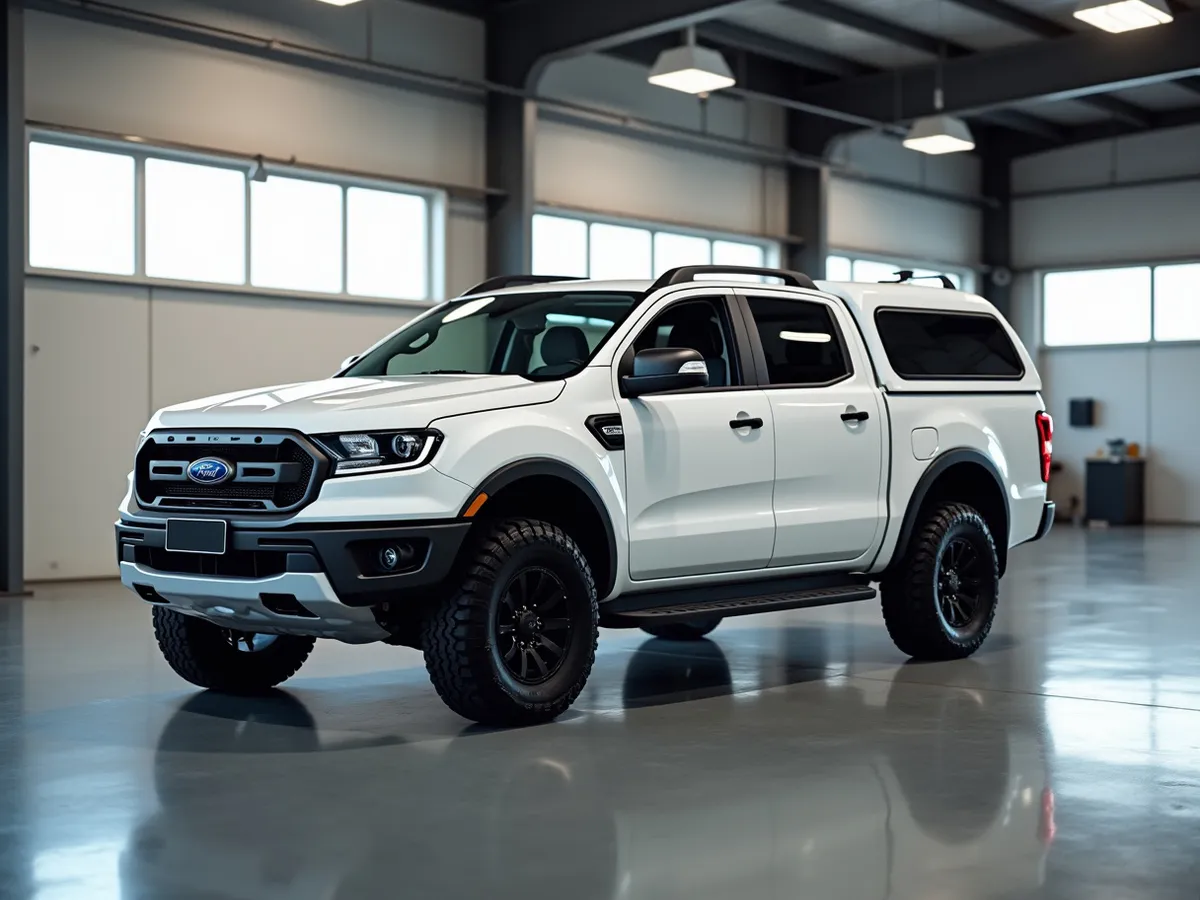 A pickup truck fitted with a camper shell in a clean shop bay