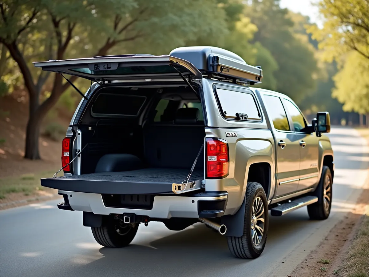 The rear door of a camper shell opened on a pickup truck bed
