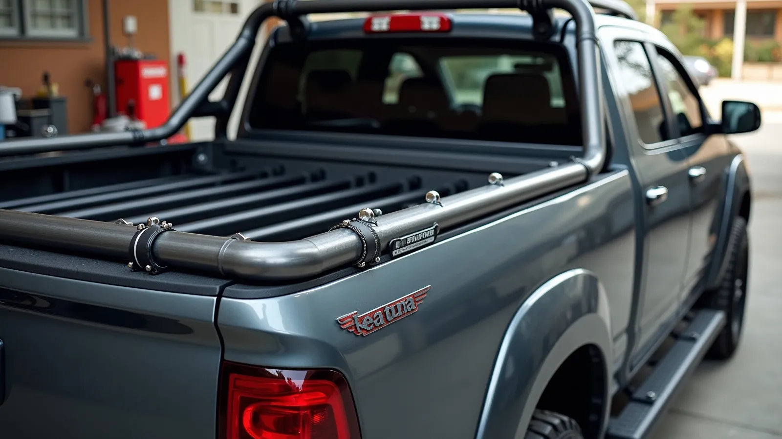 A custom fabricated steel rack mounted over a pickup truck bed