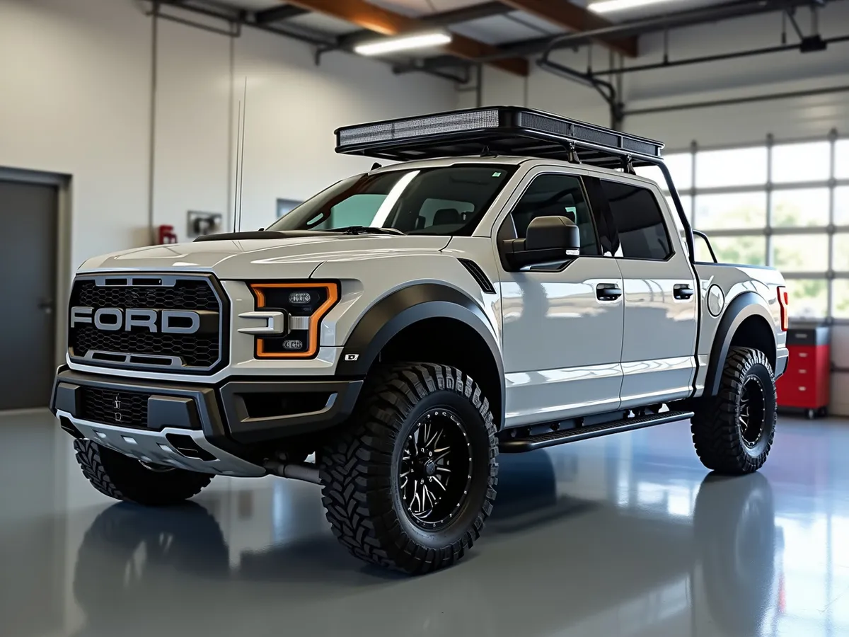 A pickup truck with a custom fabricated rack fitted in a shop bay