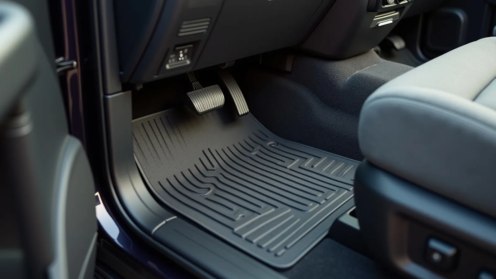 Custom-fit all-weather rubber floor mats installed in a pickup truck cab footwell