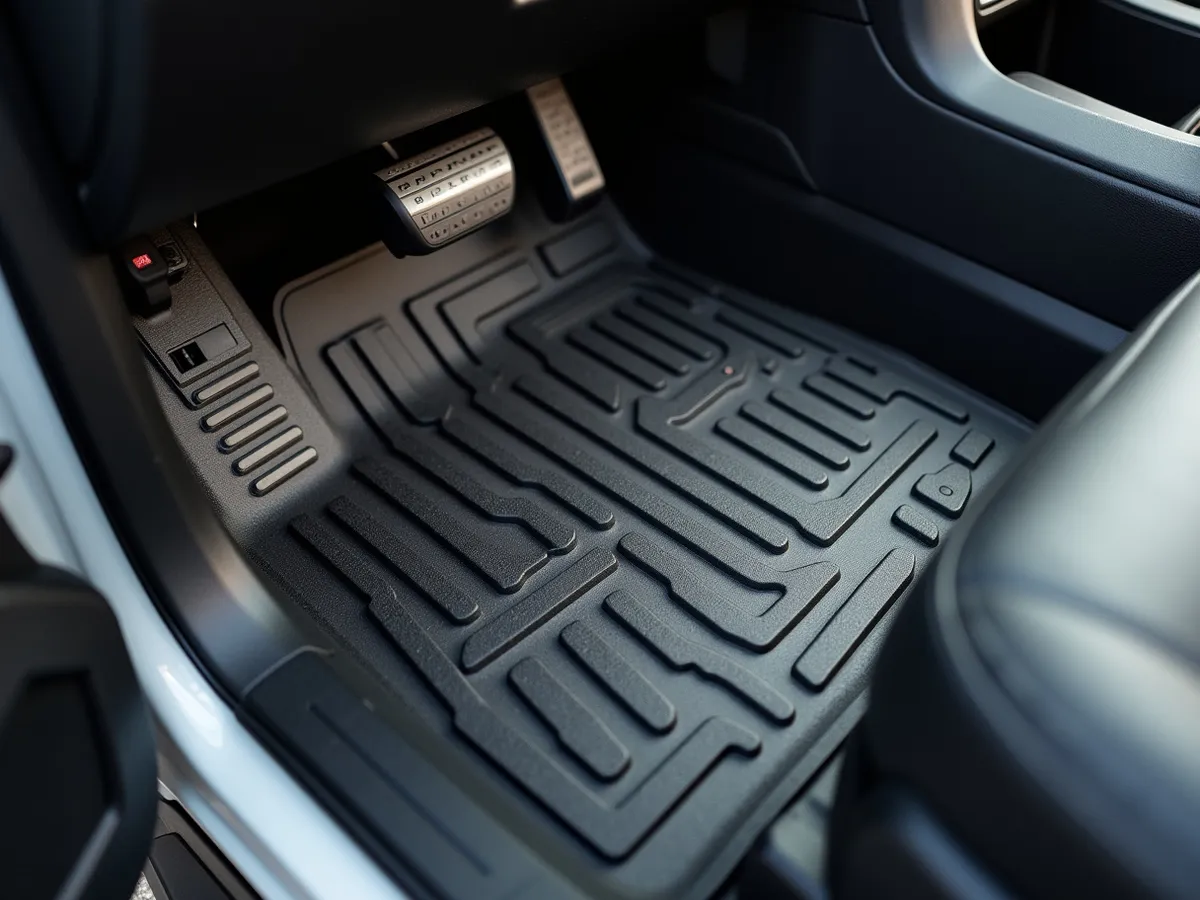 Custom floor mats installed in the front of a pickup truck cab