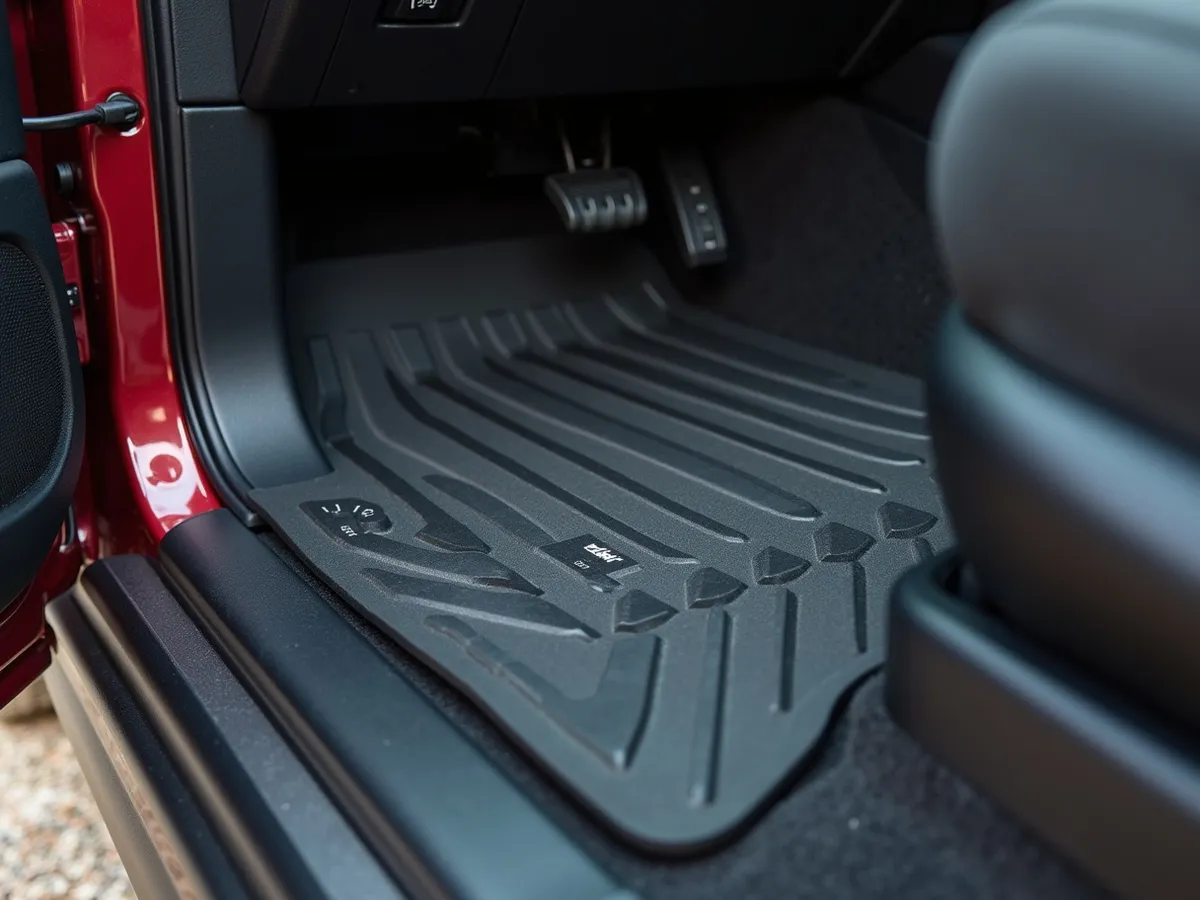 A molded deep-tray floor liner tucked along the edge of a truck footwell