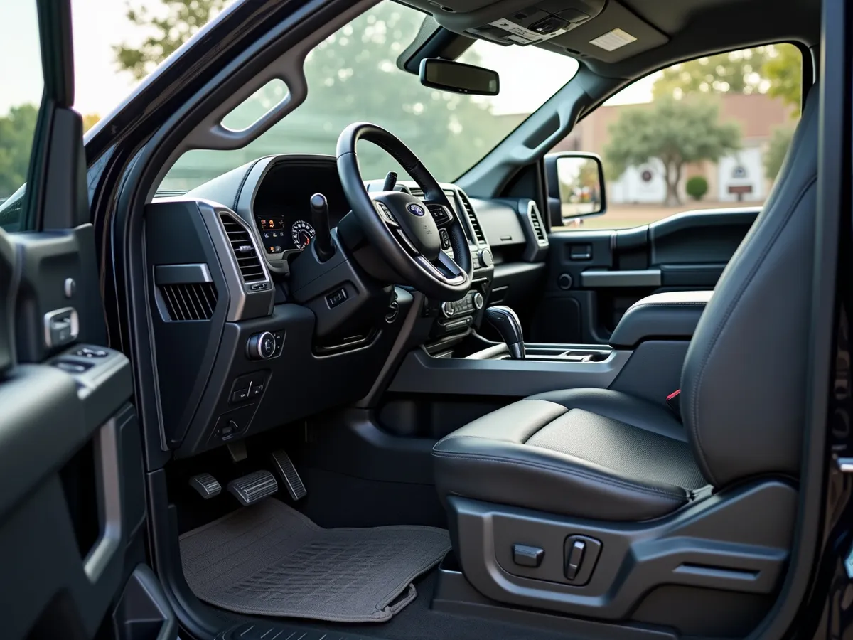 A clean fitment bay with a pickup truck cab interior and custom floor mats, no people