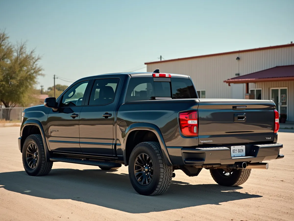 A pickup truck with a hard tonneau cover parked outside a shop in bright daylight