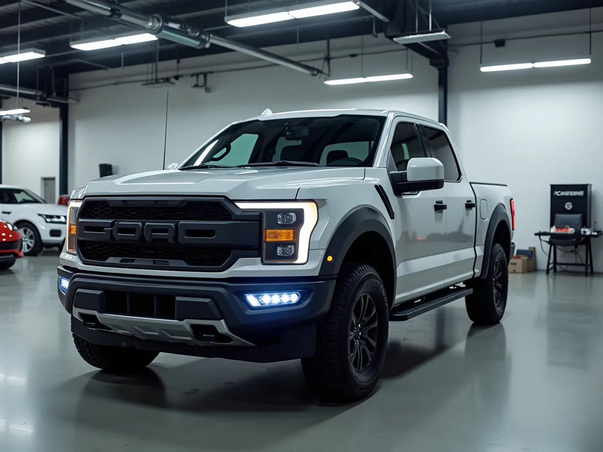 A pickup truck with upgraded lighting fitted in a clean shop bay