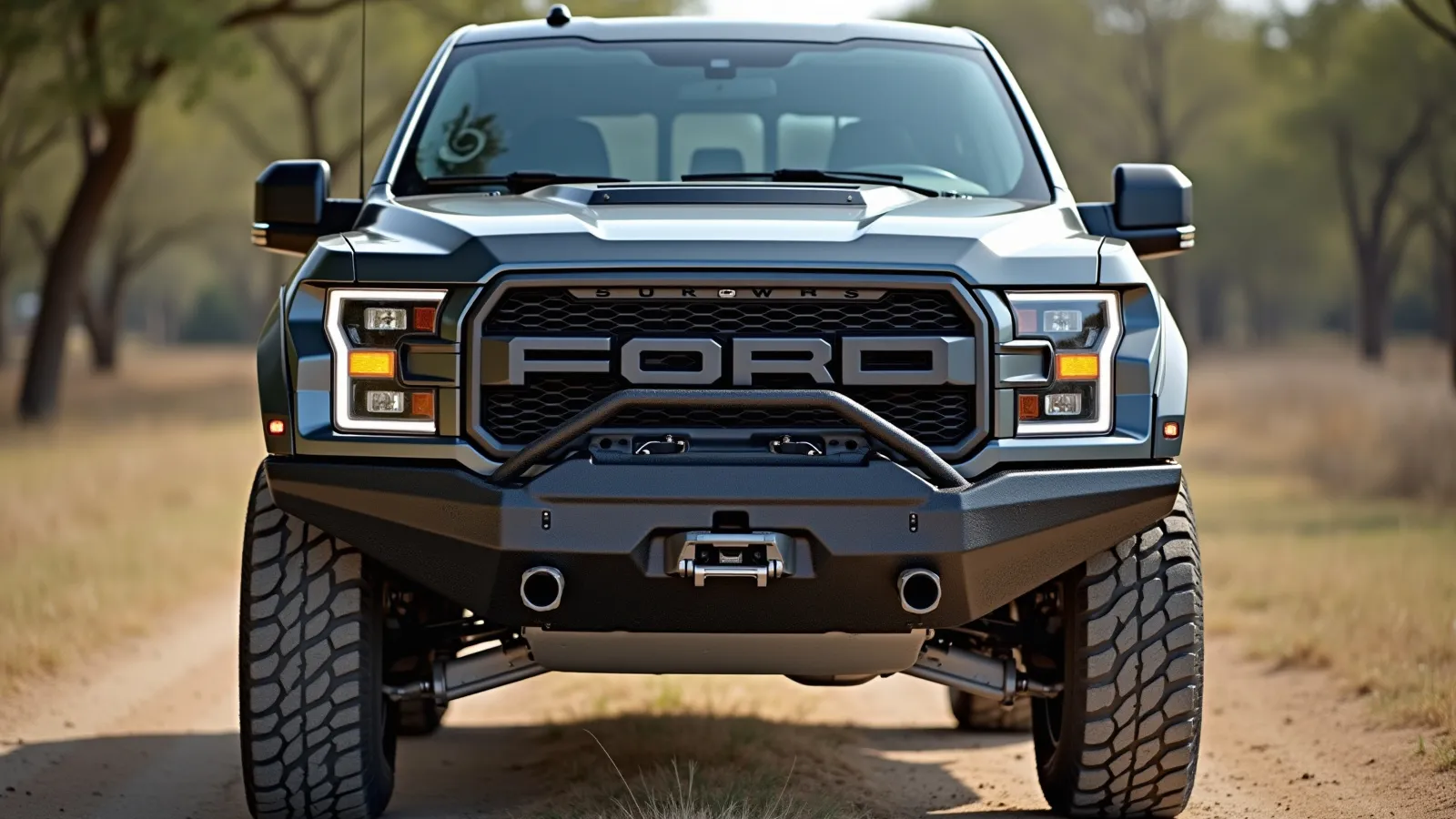 A heavy-duty steel off-road front bumper and rock sliders bolted to a pickup truck