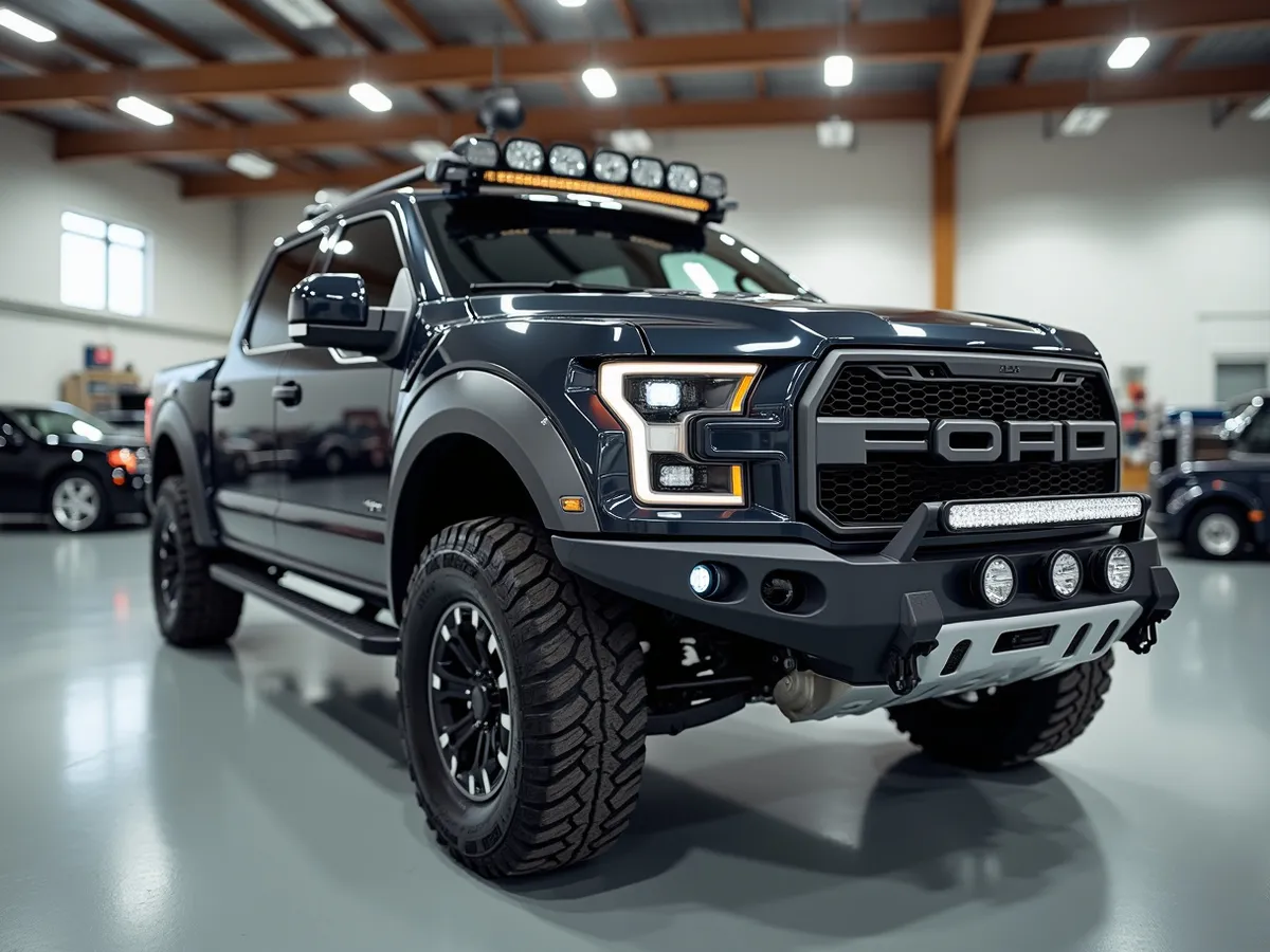A pickup truck with off-road armor fitted in a clean shop bay