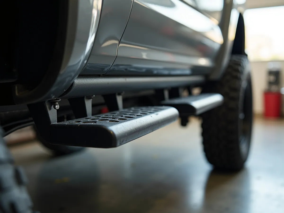 A welded steel rock slider bolted along the side of a lifted pickup truck