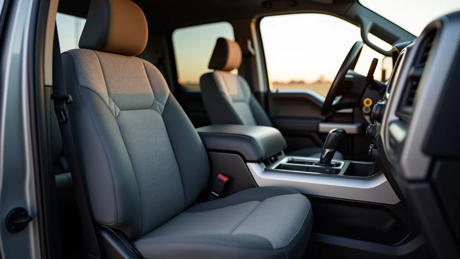 Custom-fit neoprene seat covers installed on the front seats of a pickup truck cab