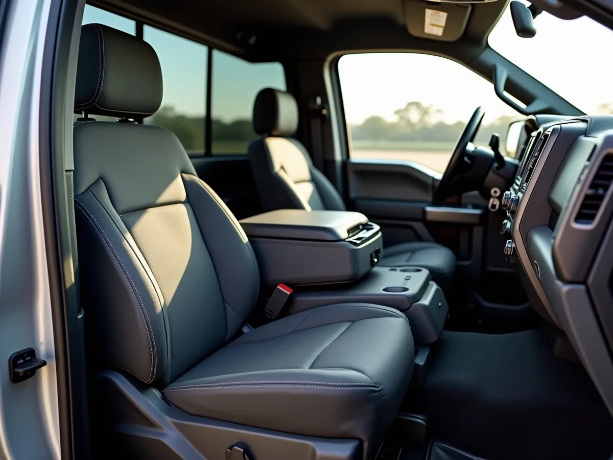 Front seats of a pickup truck cab fitted with custom seat covers