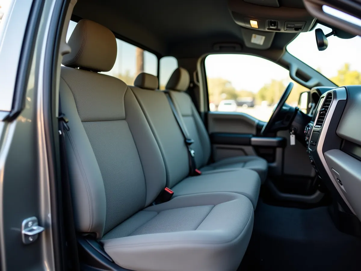 A fitted seat cover over the rear bench of a pickup truck cab
