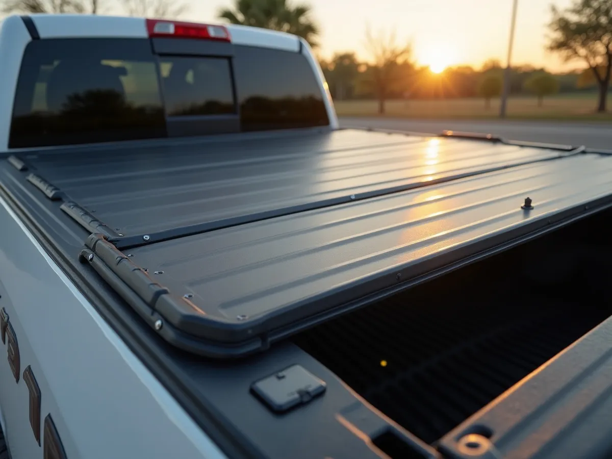 A hard folding tonneau cover latched flat across a pickup truck bed