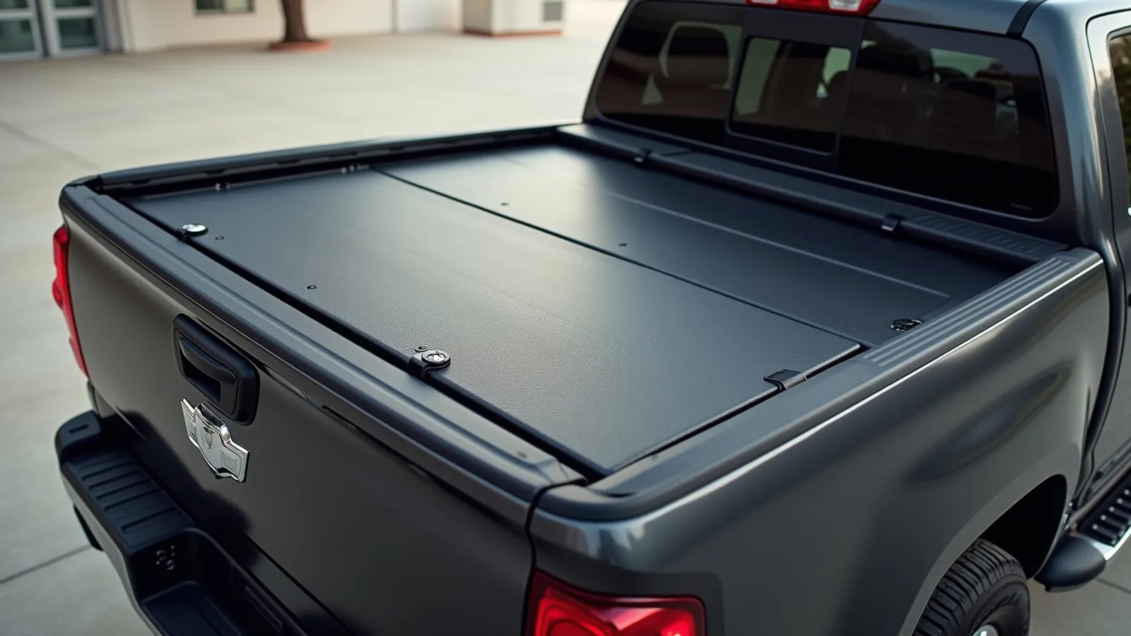 A hard folding tonneau cover lowered and latched over a pickup truck bed