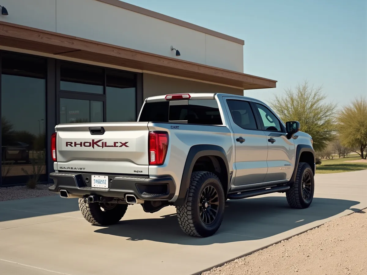 A pickup truck with a tonneau cover fitted, parked in front of a clean shop